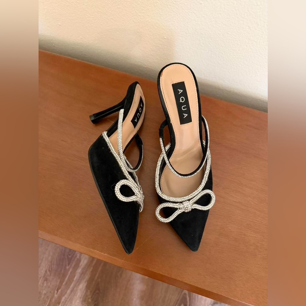 Aqua Black Pointed Toe Slingback Mules with Crystal Bow Accent